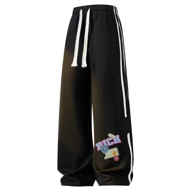 加菲猫家族 透气垂感阔腿直筒抽绳束脚条纹卡通手绘撞色印花美式卡通字母学院风印花简约复古慵懒风运动纯色伐木休闲裤 男女同款