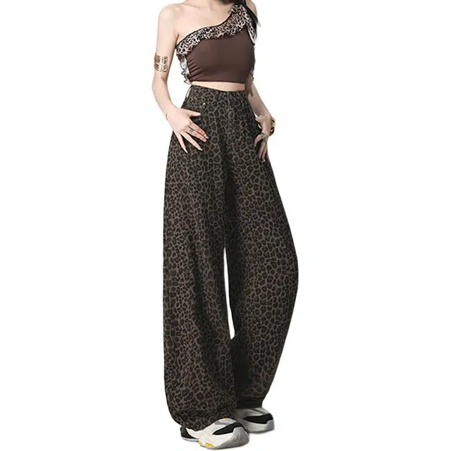 如续 美式高街豹纹阔腿女高腰宽松显瘦垂感直筒裤子版型潮流趋势牛仔裤 女款