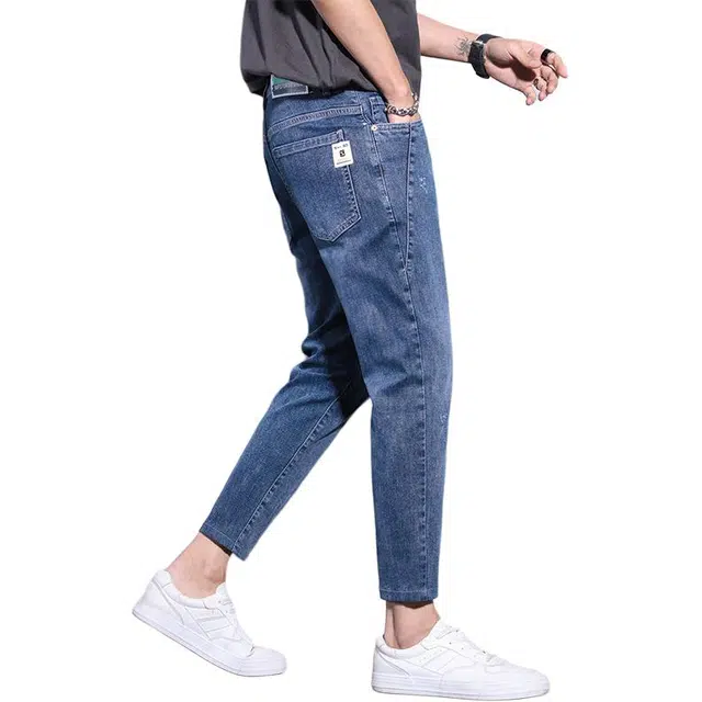 么宁 简约百搭修身直筒弹力九分裤舒适透气潮流时尚个性痞帅休闲运动牛仔裤 男女同款