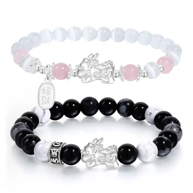 【招财貔貅】 珍·尚银 中国黄金 貔貅新中式平安福牌转运珠 八方吸金财源滚滚 小众轻奢 礼盒#好运 黑曜石 足银 玉石手串 男女同款情侣款