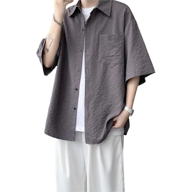 佑麟 冰丝短袖高级感痞帅肌理感夏季特大码半袖衬衫 男女同款