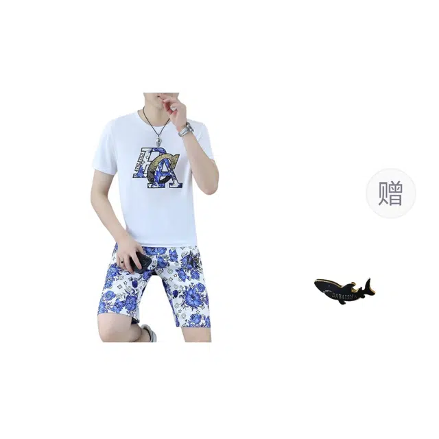 大白鲨 夏季时尚欧货短袖青年帅气长裤休闲两件套装 男款