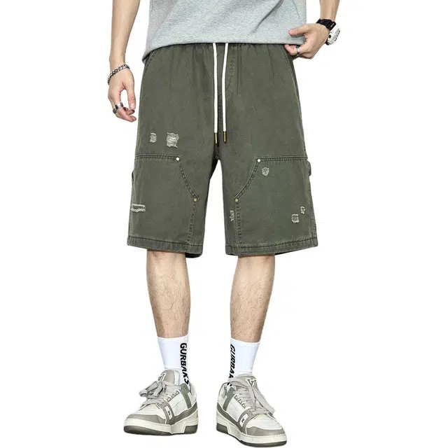 童先森 设计感宽松拼接纯色直筒裤中腰五分裤休闲短裤 男款