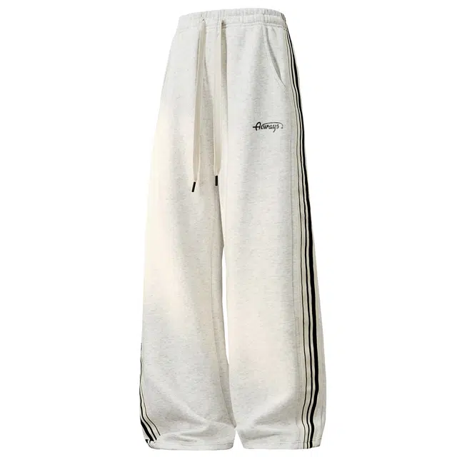 加菲猫家族 美式校园复古侧边撞色条纹织带拼接字母印花宽松百搭舒适透气学生风运动基础简约纯色垂感直筒拖地休闲裤 男女同款