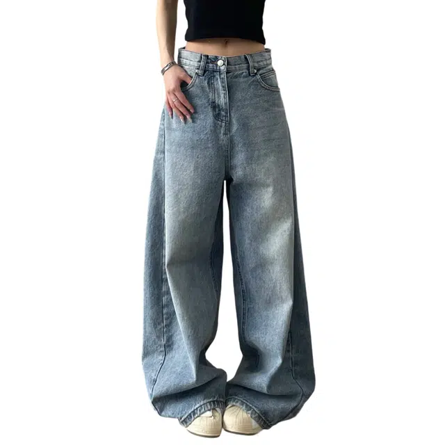 冈哉 美式复古水洗做旧渐变基础款设计时尚潮流宽松显高显瘦痞帅休闲阔腿牛仔裤 男女同款