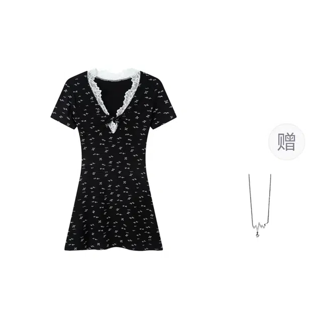 识恩  法式纯欲蕾丝拼接女收腰显瘦气质短裙短袖连衣裙 女款