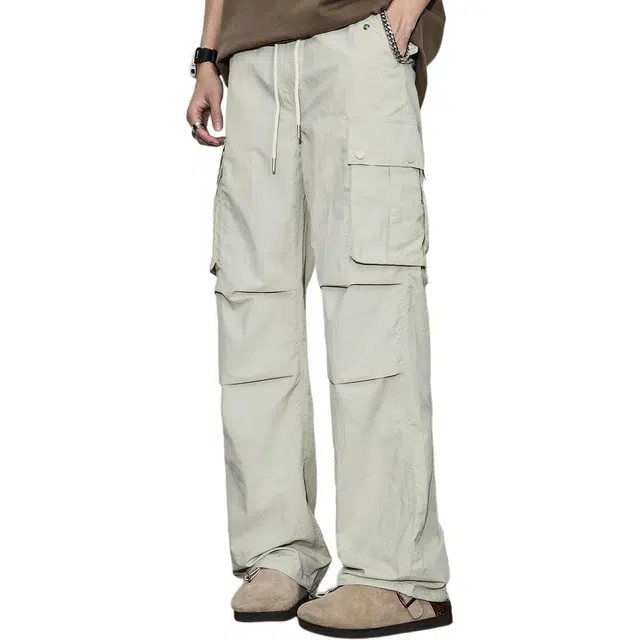 童先森 多口袋抽绳褶皱纯色休闲裤中腰长裤工装裤 男款