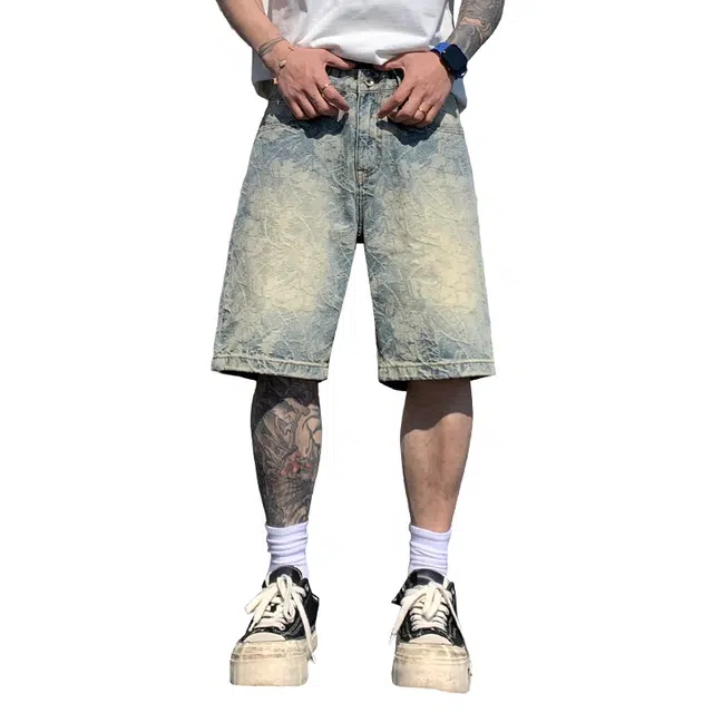 帝狼牛 美式复古磨白潮牌高级感水洗提花直筒五分潮流牛仔短裤 男女同款