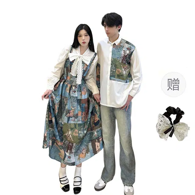 涂诗菲 法式茶歇复古提花油画风背带连衣裙度假衬衣设计感拼色长袖上衣情侣套装