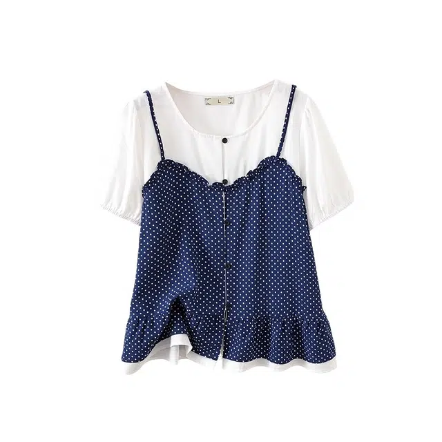 云妃秀 波点时尚休闲宽松显瘦遮肉假两件短袖衬衫 女款
