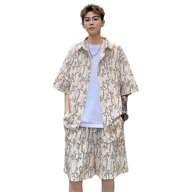加荣 美式扎染冰丝时尚衬衫运动休闲套装男夏季薄款透气潮牌青少年户外出行通勤百搭痞帅短袖短裤两件套上衣 男女同款
