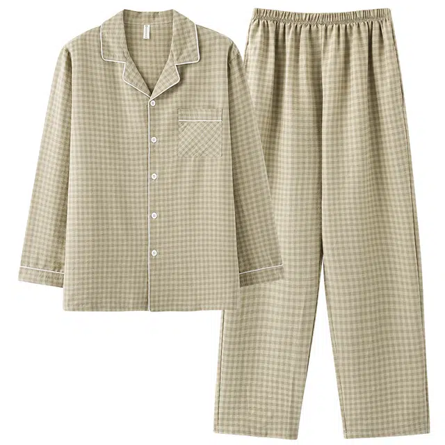 俏佳人 云朵棉系列 翻领开衫简约格纹宽松休闲上衣松紧腰长裤睡衣套装 男款