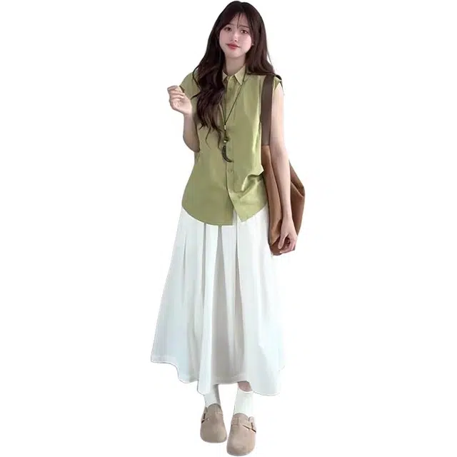 沐晓欣 薄款翻领坎肩衬衣小个子休闲上衣半身裙裙装套装 女款