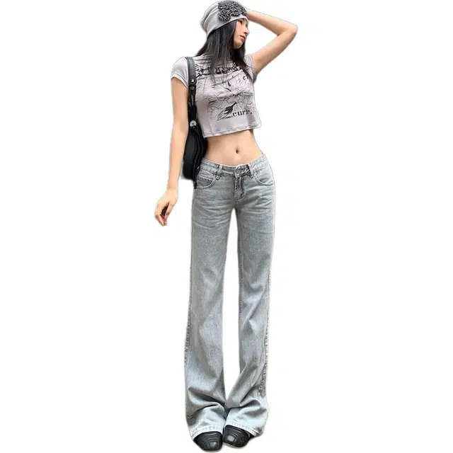 淑好百 秋季美式复古百搭显瘦辣妹低腰微宽松直筒长裤牛仔裤 女款