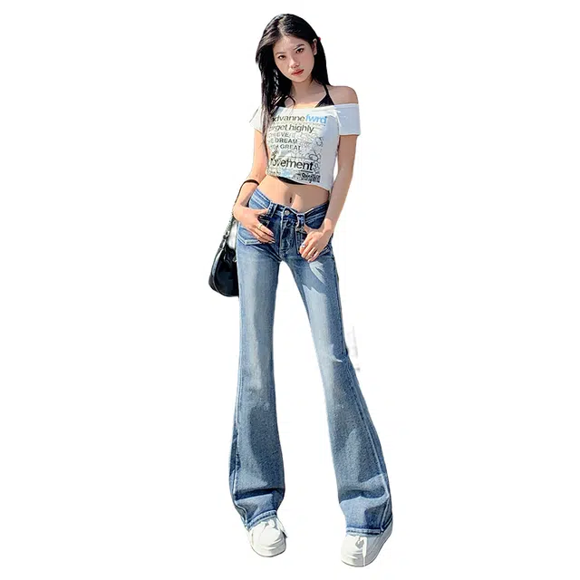 玫丝朵 美式复古辣妹风水洗修身显瘦微喇叭牛仔裤 女款