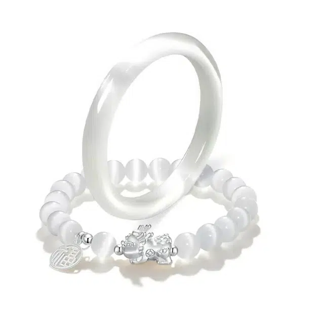 【莹润清冷白月光】 郁馨 经典温柔荔枝冻叮当 招财貔貅转运佛珠设计温柔高级感两件套宫廷风小众贵妃#好运 玻璃猫眼 手镯 女款