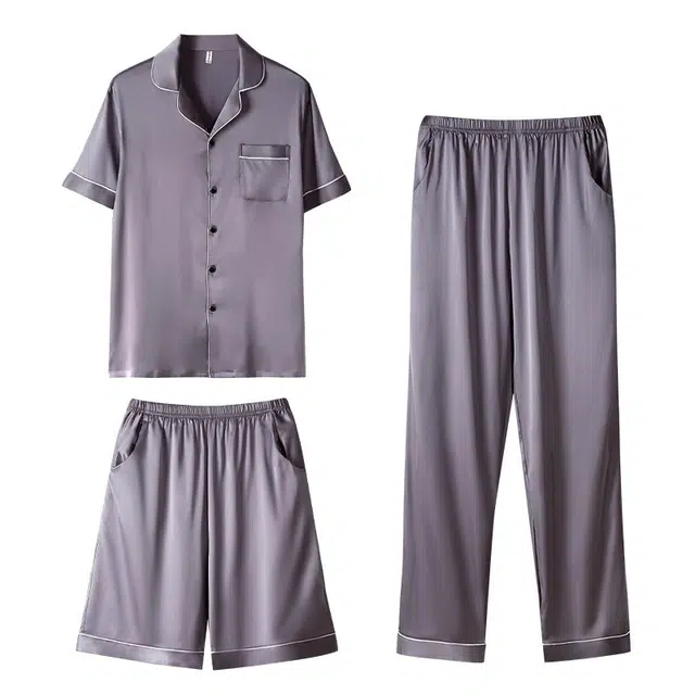 潞优野 翻领短袖三件套家居服可外穿睡衣套装 男款 锌灰
