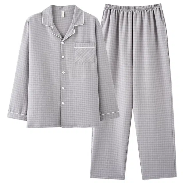 俏佳人 云朵棉系列 翻领简约格纹开衫宽松休闲长袖上衣松紧腰长裤家居服睡衣套装 男款