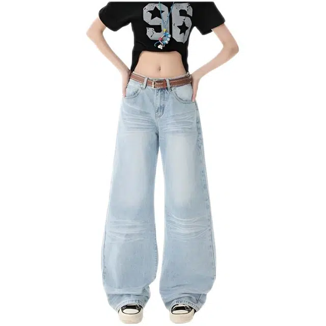 木木兔 潮流时尚浅色复古水洗高腰宽松显瘦垂感直筒裤子牛仔裤 女款