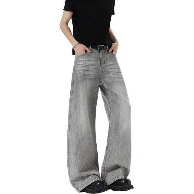 行更远 美式复古水洗猫须烟灰色小众高级感高街痞帅日常通勤宽松百搭舒适亲肤阔腿弯刀牛仔裤  男女同款