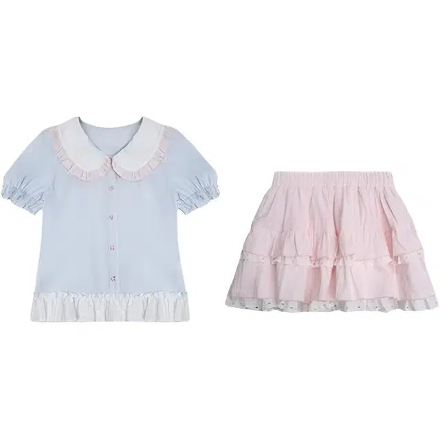 小卷要加油 学院风甜美可爱娃娃领衬衫上衣夏季百搭蛋糕裙两件套裙装套装 女款