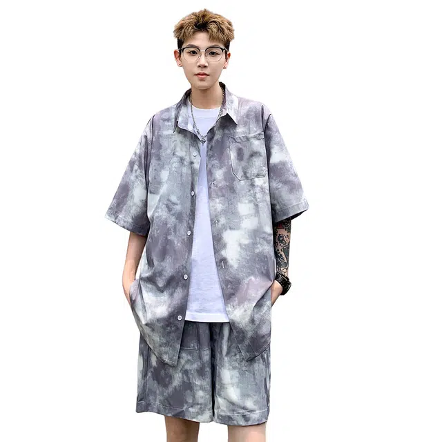 加荣 美式冰丝扎染衬衫夏季薄款透气潮牌痞帅青少年户外出行通勤百搭短袖短裤两件套休闲运动套装 男女同款