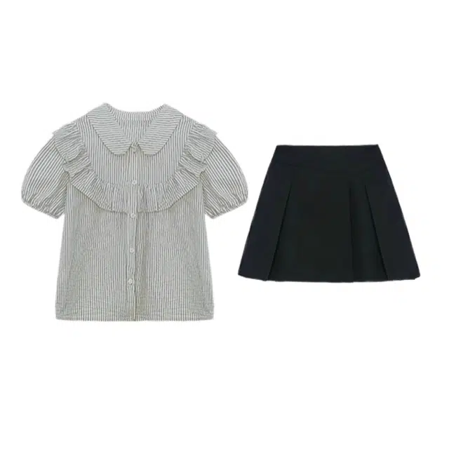 小卷要加油 学院风条纹短袖衬衫甜美衬衣荷叶边泡泡袖上衣裙子两件套裙装套装 女款