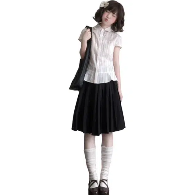 哒头下雨不愁 温柔风通勤百搭短袖高腰显瘦短裙裙装套装 女款