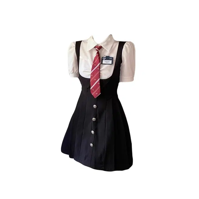 小卷要加油 学院拼接假两件美式收腰显瘦百褶短裙短袖连衣裙 女款