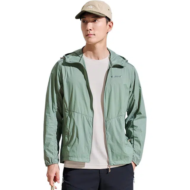 探路者 纯色连帽拉链休闲防晒服 男款 灰湖绿