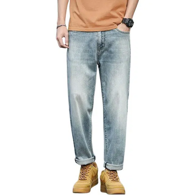 么宁 弹力九分裤宽松直筒简约百搭舒适透气个性痞帅牛仔裤 男女同款