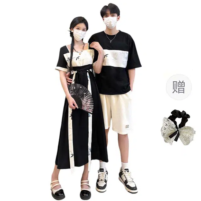 涂诗菲 新中式国风改良旗袍复古连衣裙拼色上衣短袖一衣一裙情侣套装