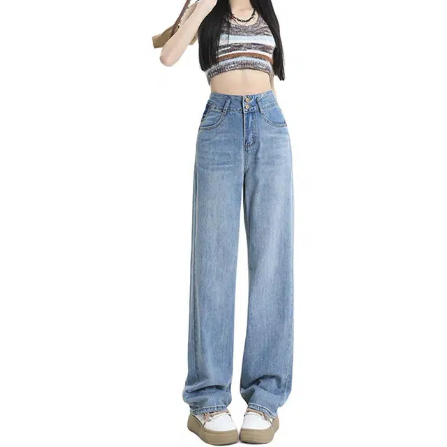 如续 复古蓝直筒女高腰显瘦烟管宽松百搭垂感拖地窄版阔腿天丝裤牛仔裤 女款