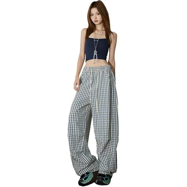拾籍 简约格子抽绳设计低腰显瘦宽松阔腿休闲裤 女款