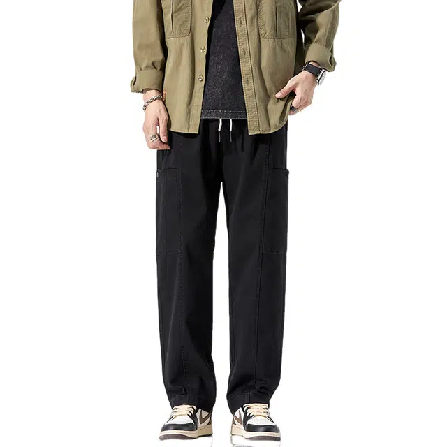 赛瀚 青少年纯棉工装裤男生宽松直筒长裤子男美式潮牌高街风抽绳松紧腰多口袋设计基础款时尚百搭潮流帅气户外运动阔腿休闲裤 男女同款