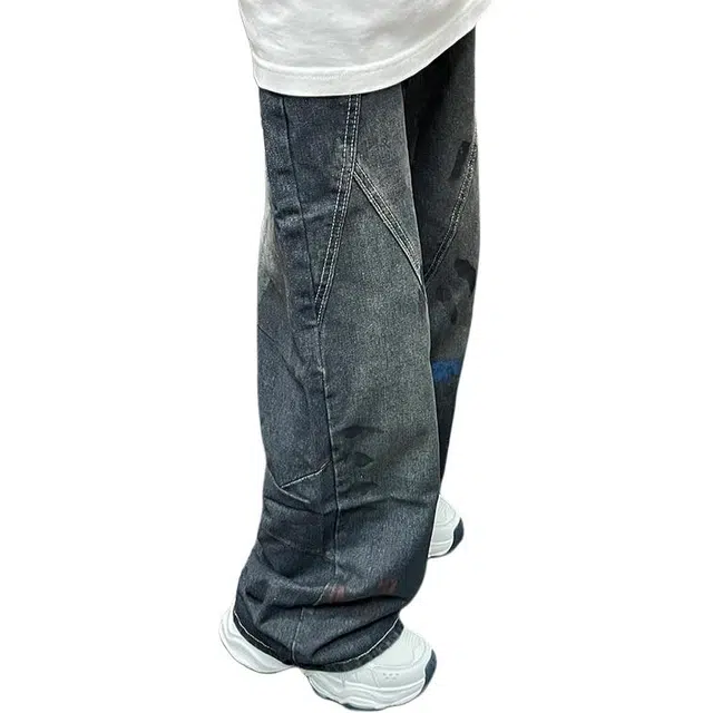 冈哉 弯刀高街水洗做旧宽松明线泼墨印花弹力垂感百搭休闲牛仔裤 男女同款