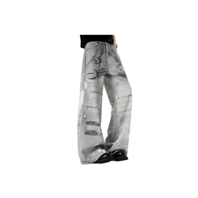 零氏 链条数码印花个性复古潮流时尚百搭宽松显高显瘦直筒长裤子阔腿牛仔裤 男女同款