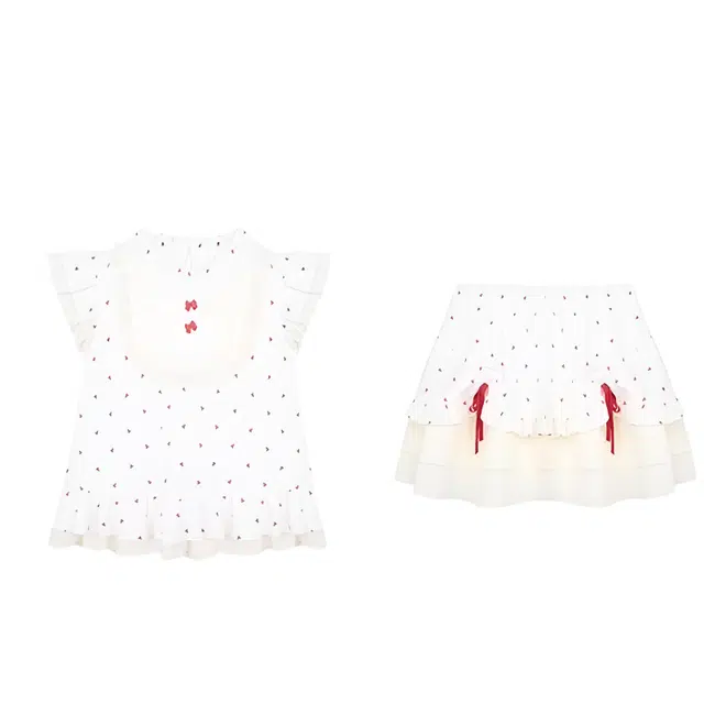 小卷要加油 夏日甜美可爱减龄小飞袖波点设计上衣搭配蛋糕半身裙两件裙装套装 女款