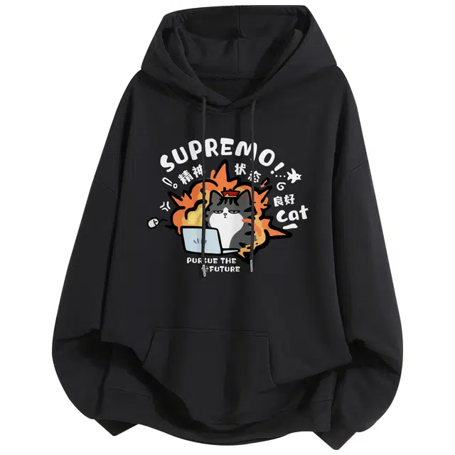 吾皇猫 原创美式复古学院风简约百搭卡通动漫印花连帽套头运动休闲宽松舒适透气无性别主义多巴胺色系基础款纯色长袖卫衣 男女同款