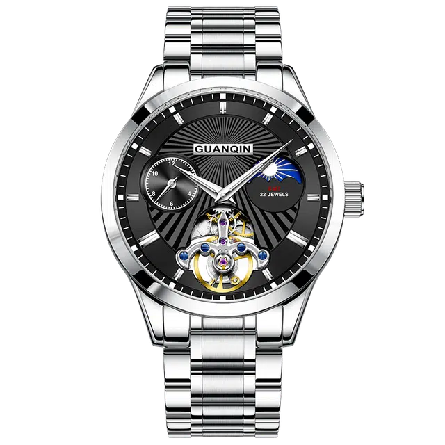 冠琴 高颜值镂空飞轮 自动机械机芯 不锈钢表带 国表 男表 黑色表盘 夜光防水学生腕表