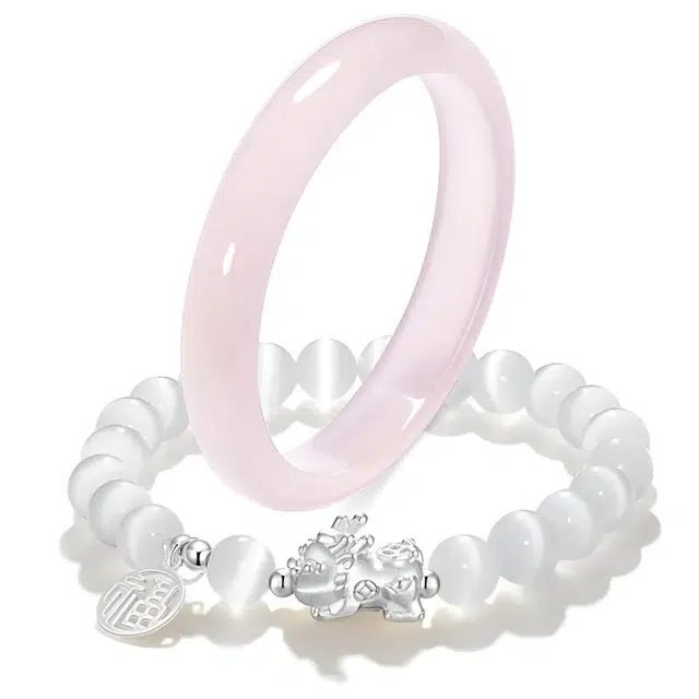 京华录 天然桃花粉玉镯 新中式芙蓉粉 甜美粉嫩蜜桃冻爱情转运恋爱磁场 小众显白百搭可爱通勤风#好运 玻璃猫眼 手镯 女款