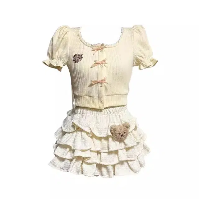 小卷要加油 甜美可爱少女蝴蝶结上衣女小熊减龄纯欲蛋糕半身裙潮裙装套装 女款