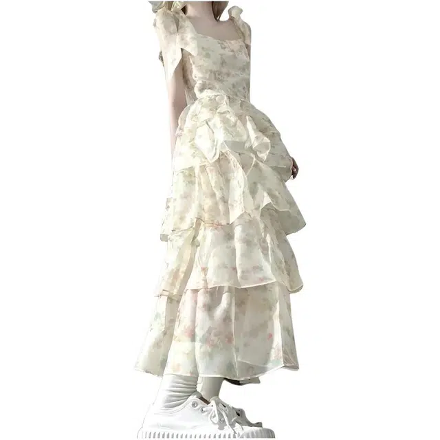 小卷要加油 甜辣风碎花蝴蝶结绑带收腰显瘦长款蛋糕裙吊带连衣裙 女款