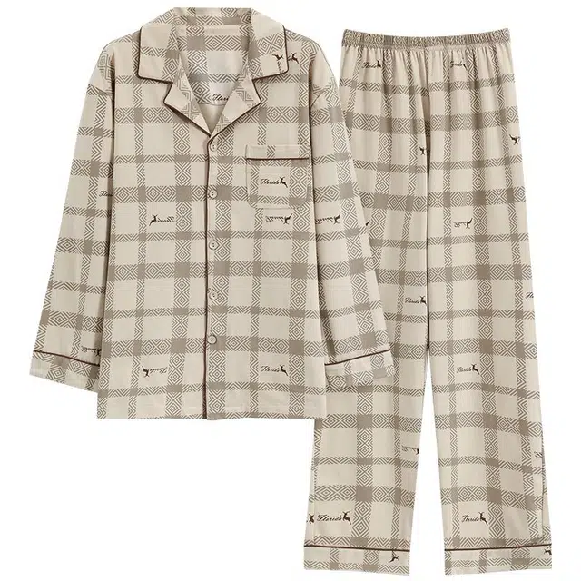 俏韵 翻领春秋季款简约印花长袖休闲开衫薄款家居服可外穿睡衣套装 男款