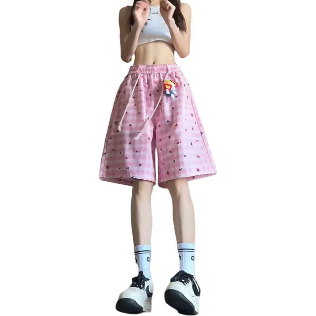 颂希尔 美式撞色格子夏季外穿薄款运动裤子多巴胺阔腿五分裤休闲短裤 男女同款