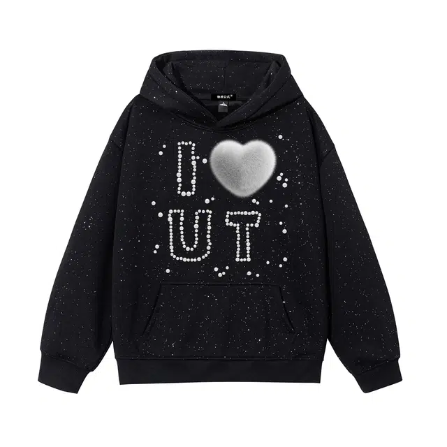 物质公式 满天星系列重磅美式高街复古趣味爱心珍珠品牌字母印花设计感连帽宽松百搭基础款潮流时尚简约休闲头套落肩长袖卫衣 男女同款