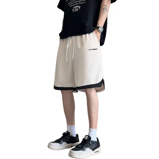 加荣 美式高街刺绣拼接运动男生夏季轻薄透气潮牌青少年户外出行百搭男裤宽松小众设计抽绳松紧腰五分中裤外穿休闲短裤 男女同款