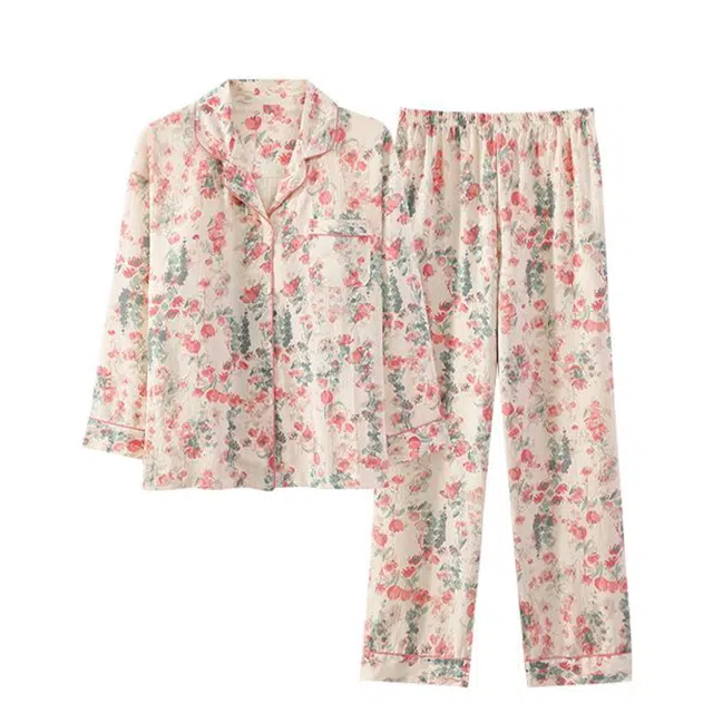 俏韵 翻领春秋季薄款云朵棉长袖带胸垫开衫休闲家居服可外穿睡衣套装 女款