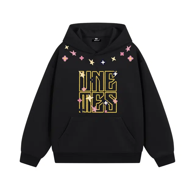 物质公式 重磅美式高街复古仿万针刺绣趣味图案字母印花设计感宽松简约纯色基础款套头落肩袖休闲透气质感百搭长袖连帽卫衣 男女同款