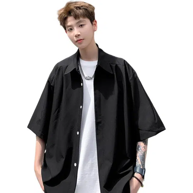 加荣 日系褶皱轻薄透气潮牌户外百搭宽松休闲短袖衬衫 男女同款